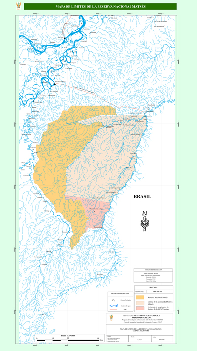 Map showing much of Matsés territory, though it does not include the Brazilian Matsés communities in the Vale do Javari reserve. Image courtesy of Acaté/Instituto Investigaciones de la Amazonía Peruana.